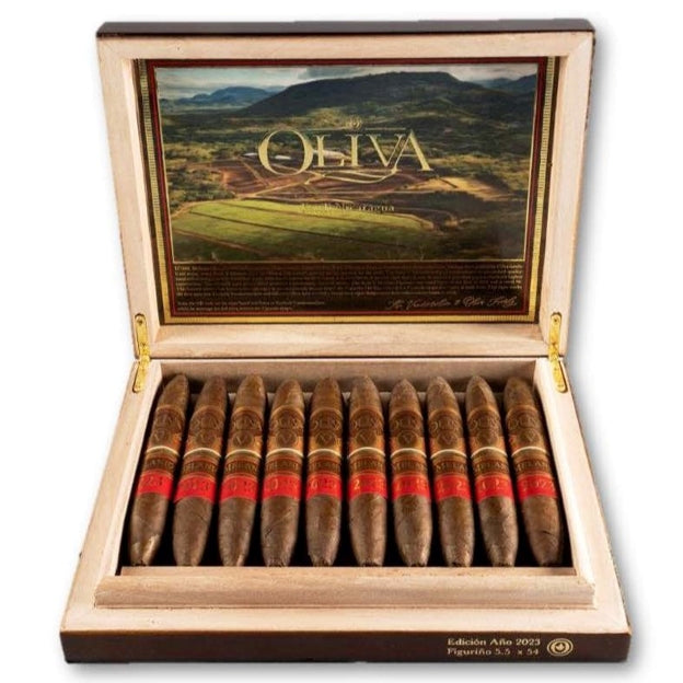 Oliva Serie V Melanio Edicion Ano 2023&nbsp;5 1/2 x 52 Figurado Cigars Box of 10 Open